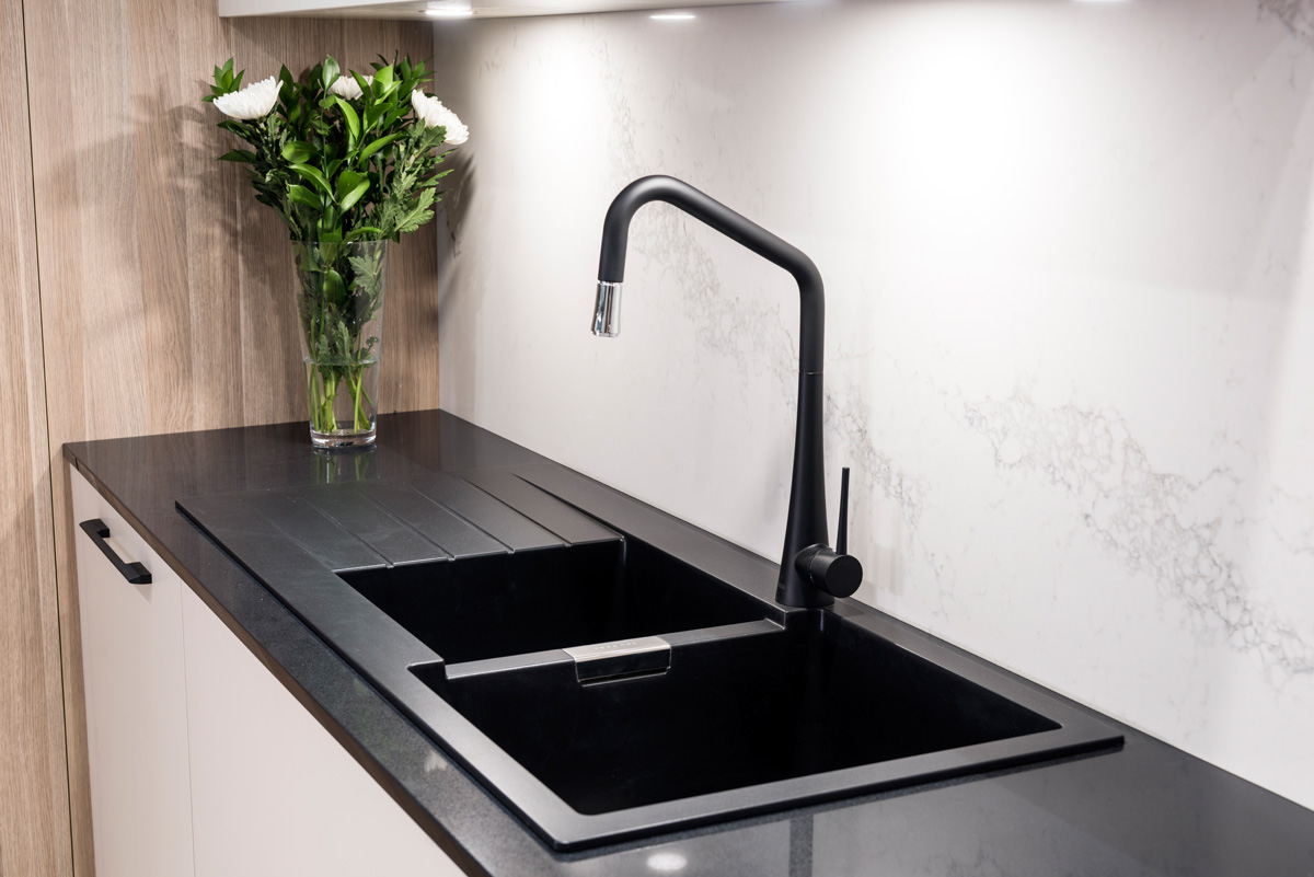 black caesarstone benchtops